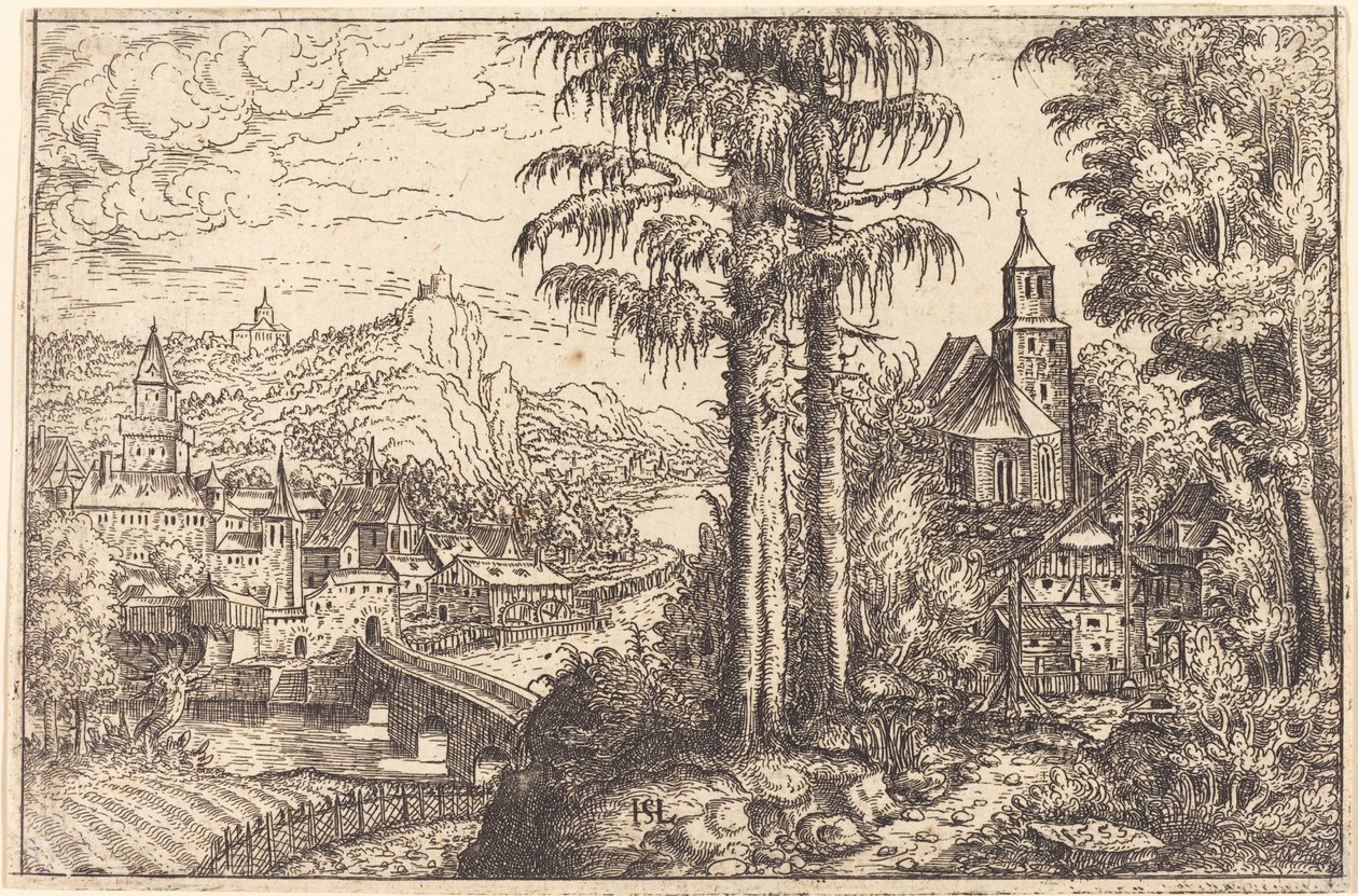 Widok miasta nad rzeką z kościołem po prawej stronie, 1553. autorstwa Hans Sebald Lautensack