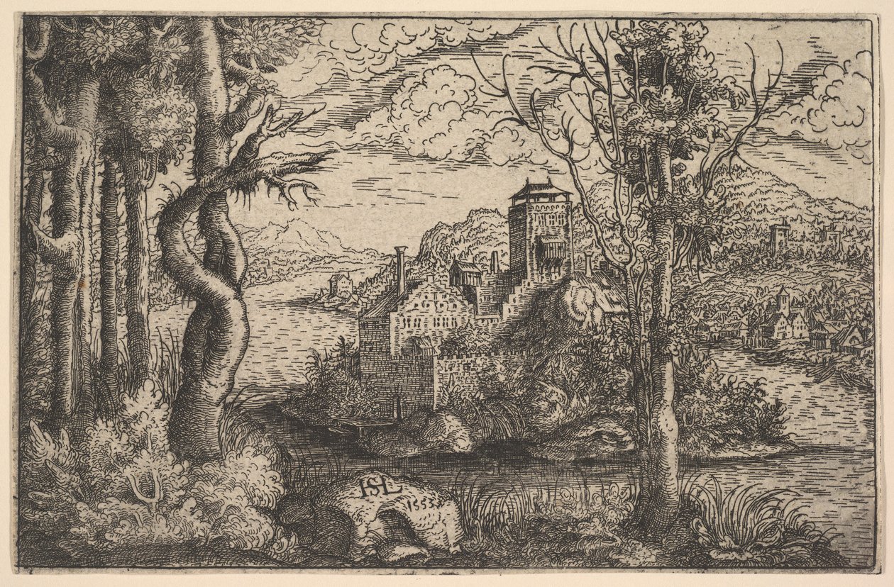Widok na rzekę, z zamkiem na wyspie, 1553. autorstwa Hans Sebald Lautensack