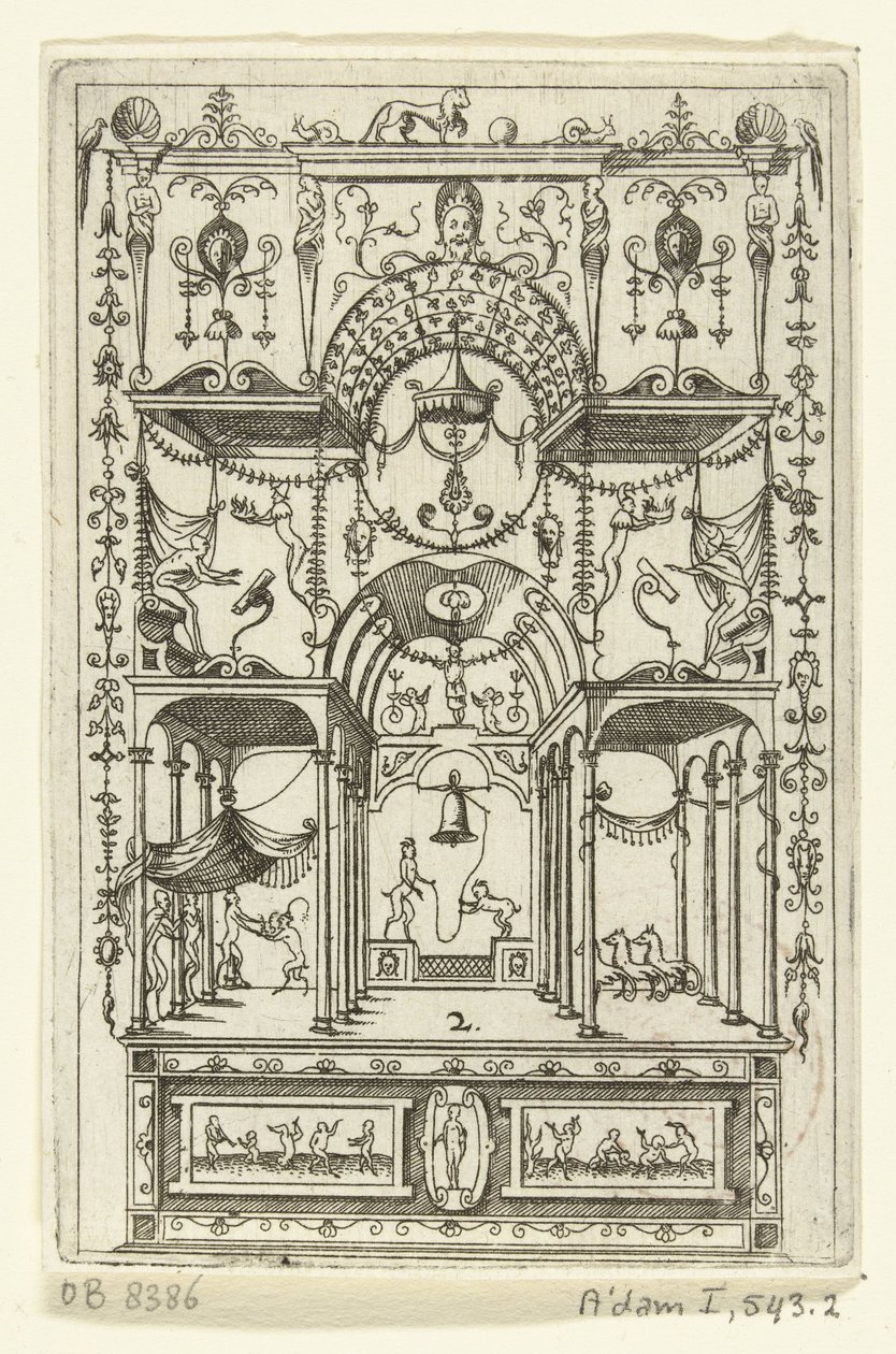Driebeukig open bouwwerk spotkał twee etages op een pedestal Nie kilka lat temu pisał wynalazca James Androuetius Du Cerceau (...) (tytuł serii) autorstwa Hans Sibmacher