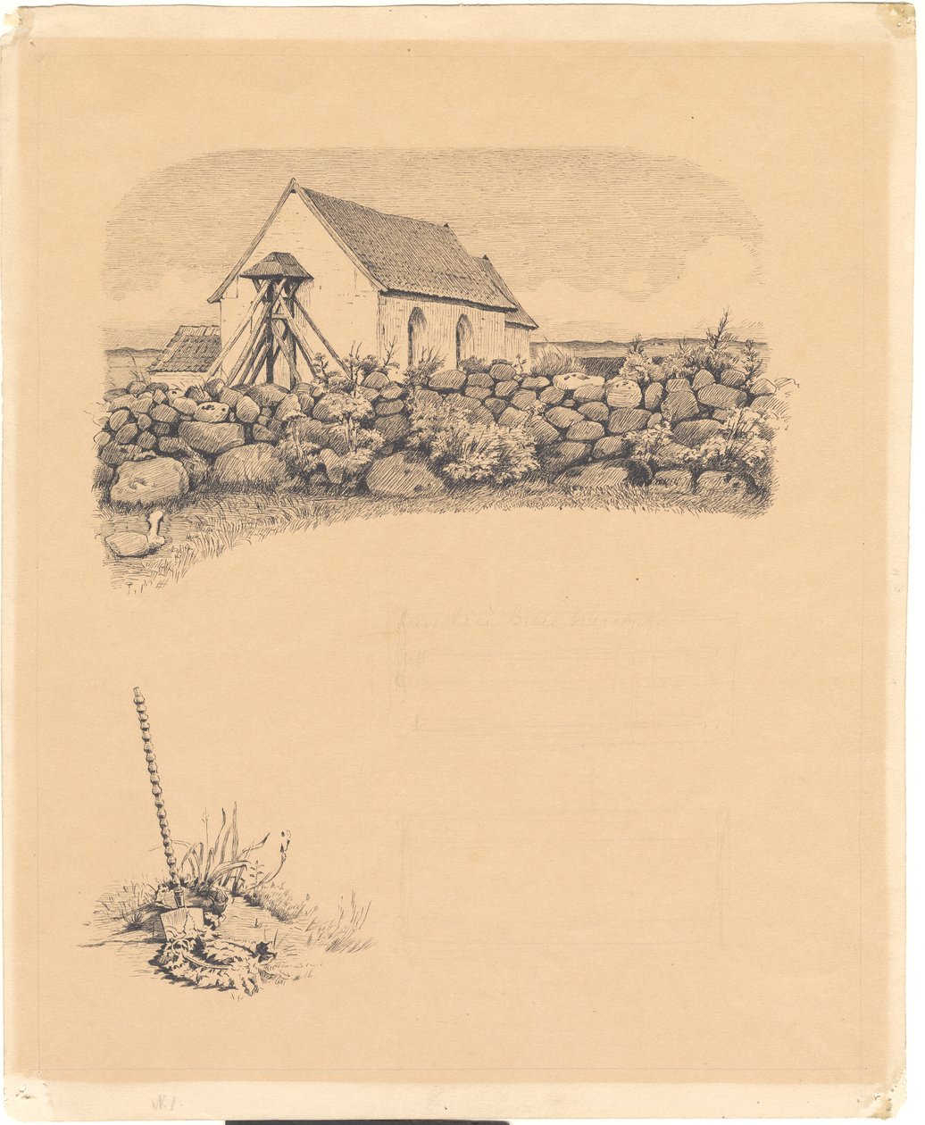 Ilustracja do św. św. Trybuny: „kosi”. F.o.: kościół za kamieniami; n.: miejsce grobowe (?) z łopatą autorstwa Hans Smidth
