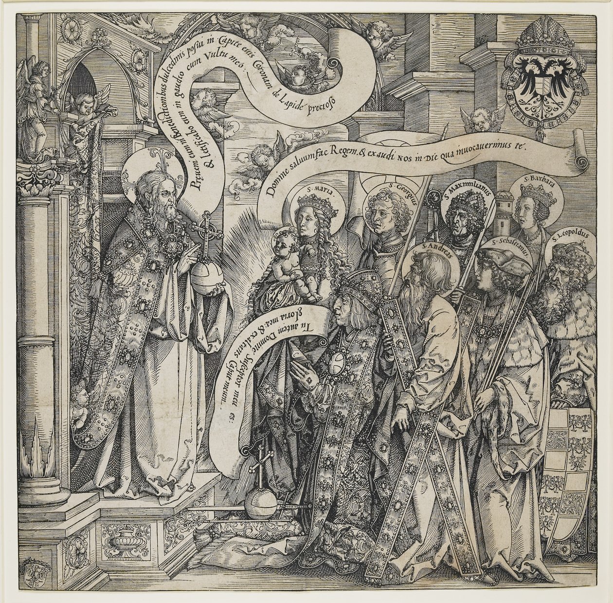 Maksymilian ofiarowany przez swoich świętych patronów Wszechmogącemu, 1519 autorstwa Hans Springinklee
