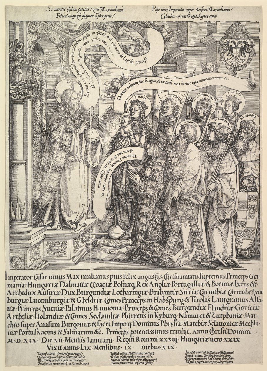 Maksymilian ofiarowany przez swoich świętych patronów Wszechmogącemu, 1519. autorstwa Hans Springinklee