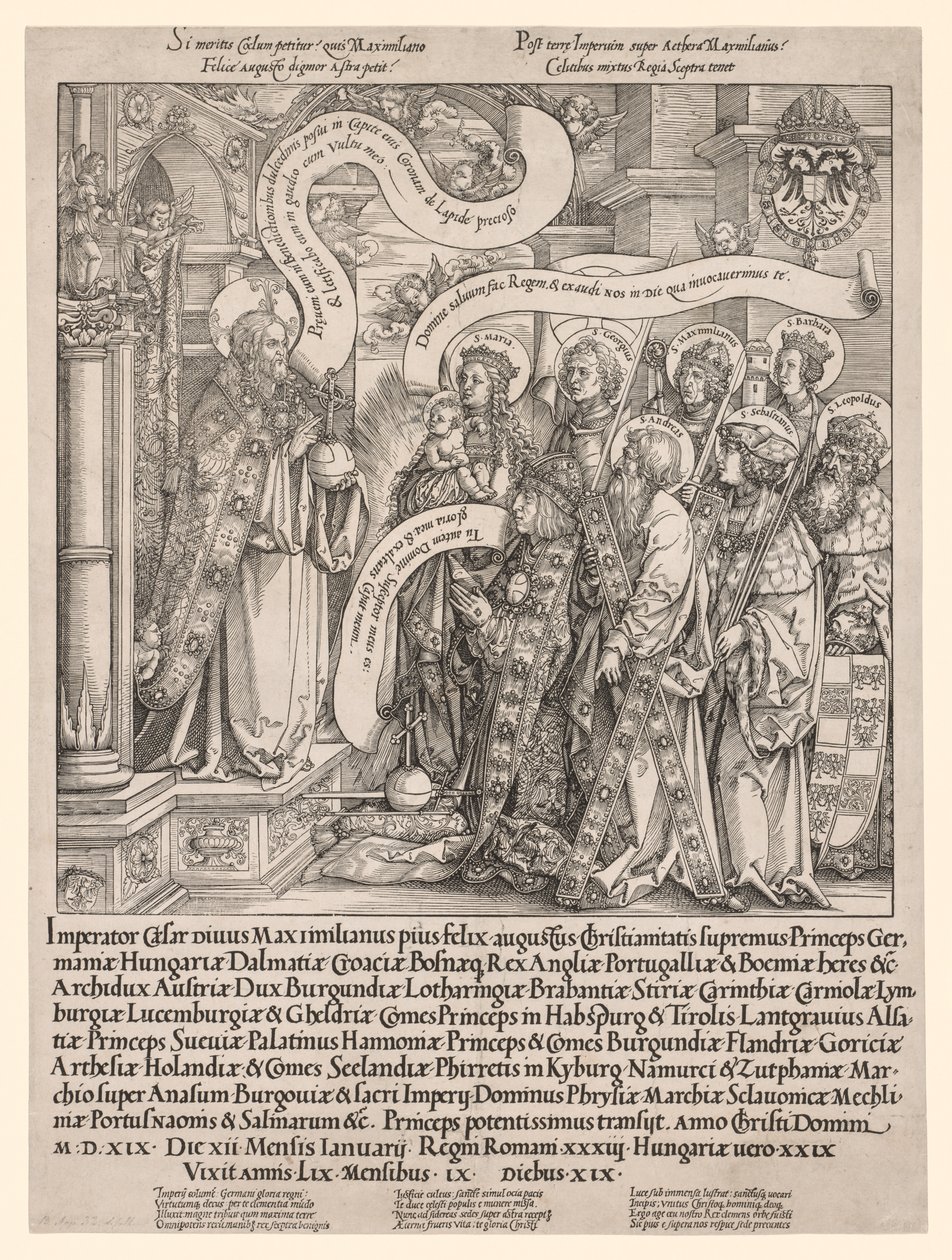 Cesarz Maksymilian przedstawiony Wszechmocnemu przez swoich świętych patronów, 1519. autorstwa Hans Springinklee