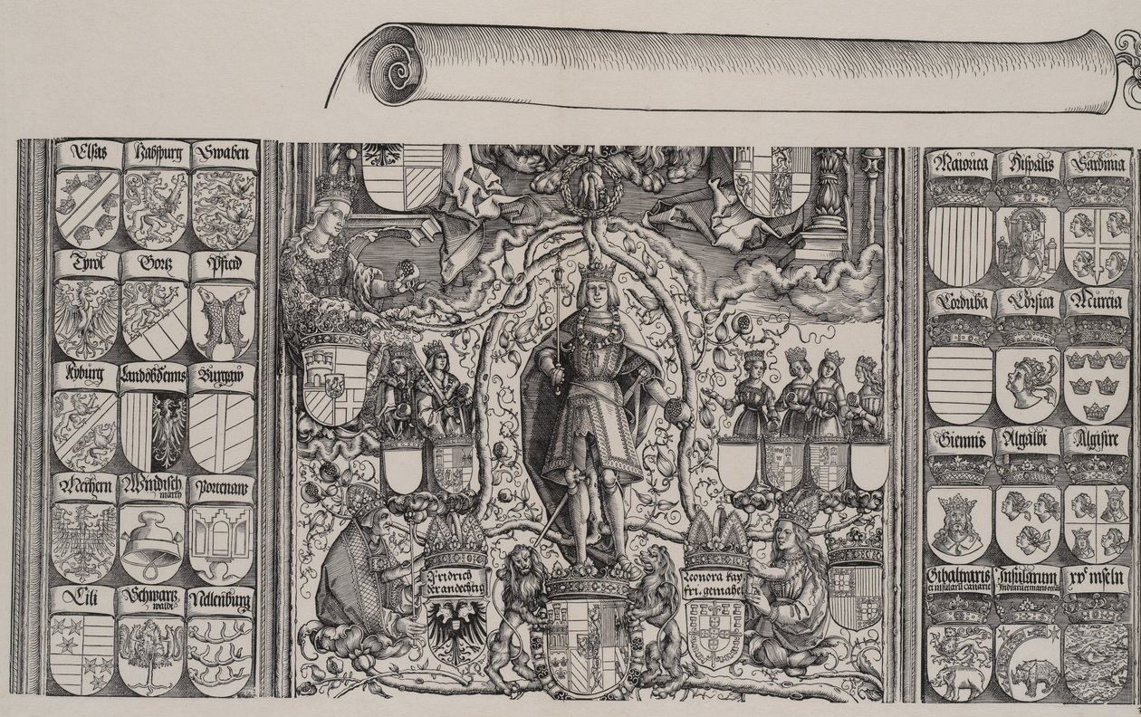 Górna część Genealogii Maksymiliana, z prawym brzegiem zwoju na rok 1515. autorstwa Hans Springinklee