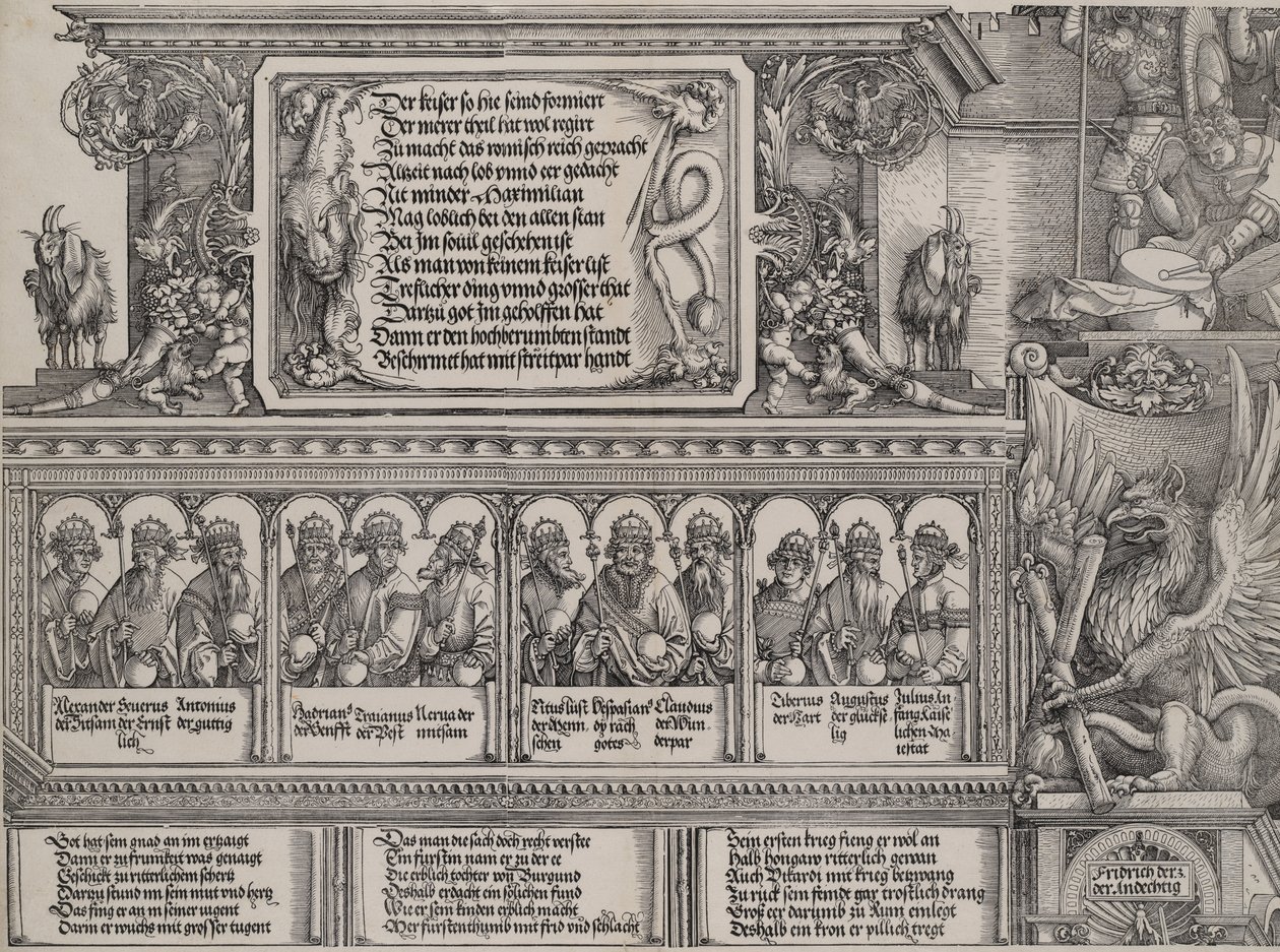 Część górna portalu lewego, z napisem na skórze lwa, fryz z B..., 1515. autorstwa Hans Springinklee