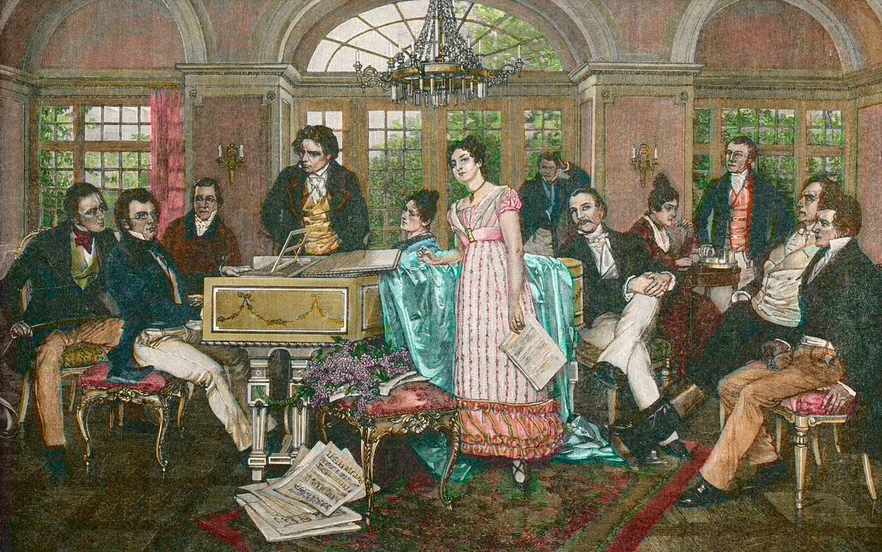 FRANZ SCHUBERT (1797-1828) Austriacki kompozytor - Schubert Wieczór w domu Josepha von Spauna - od lewej: Bauernfeld, Schubert, Kupelwieser, Beethoven, siostry Frohlich, Mayrhofer, Schwind, Spaun, Vogl, Grillparzer - Schubert u Spaun po bólu autorstwa Hans Temple