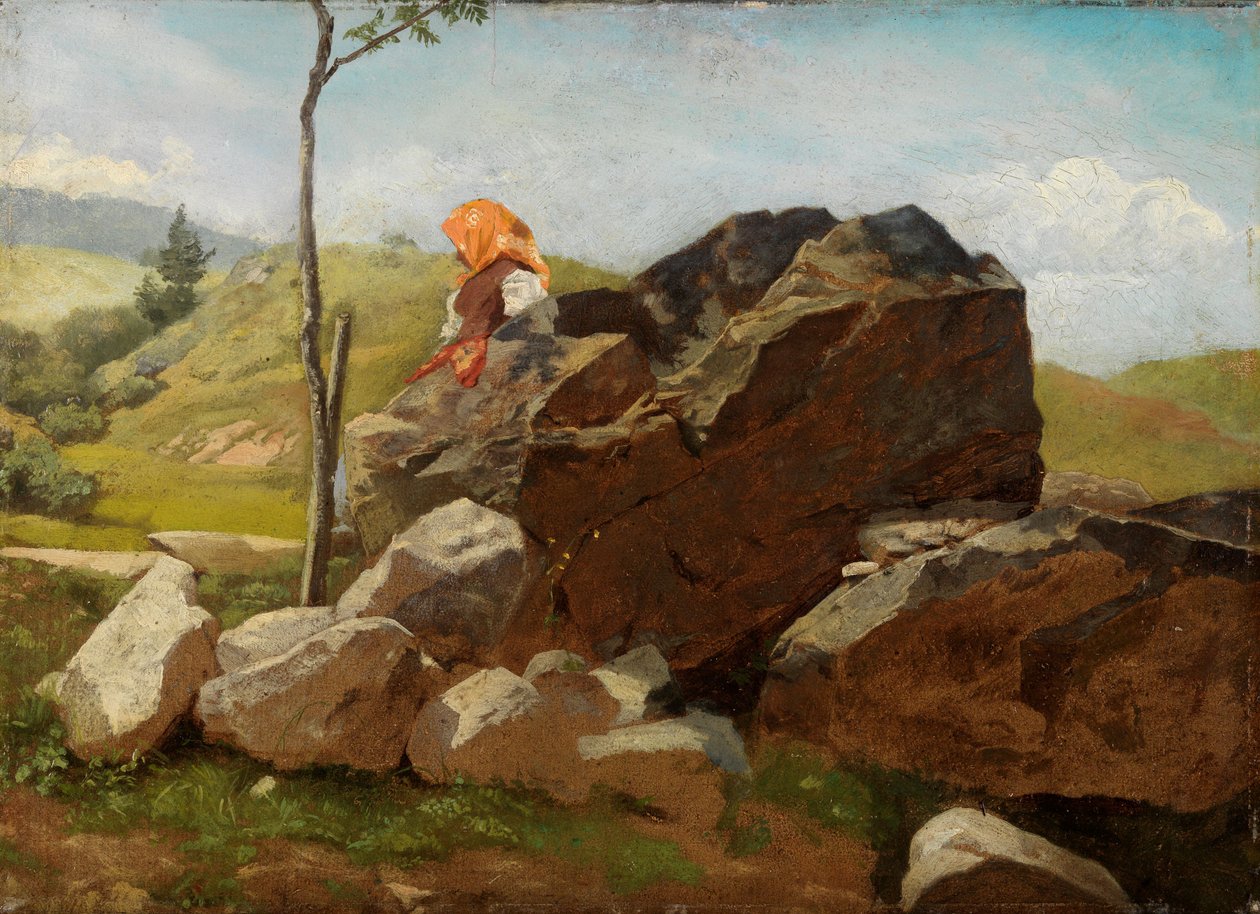 Głazy z siedzącą wiejską dziewczyną autorstwa Hans Thoma