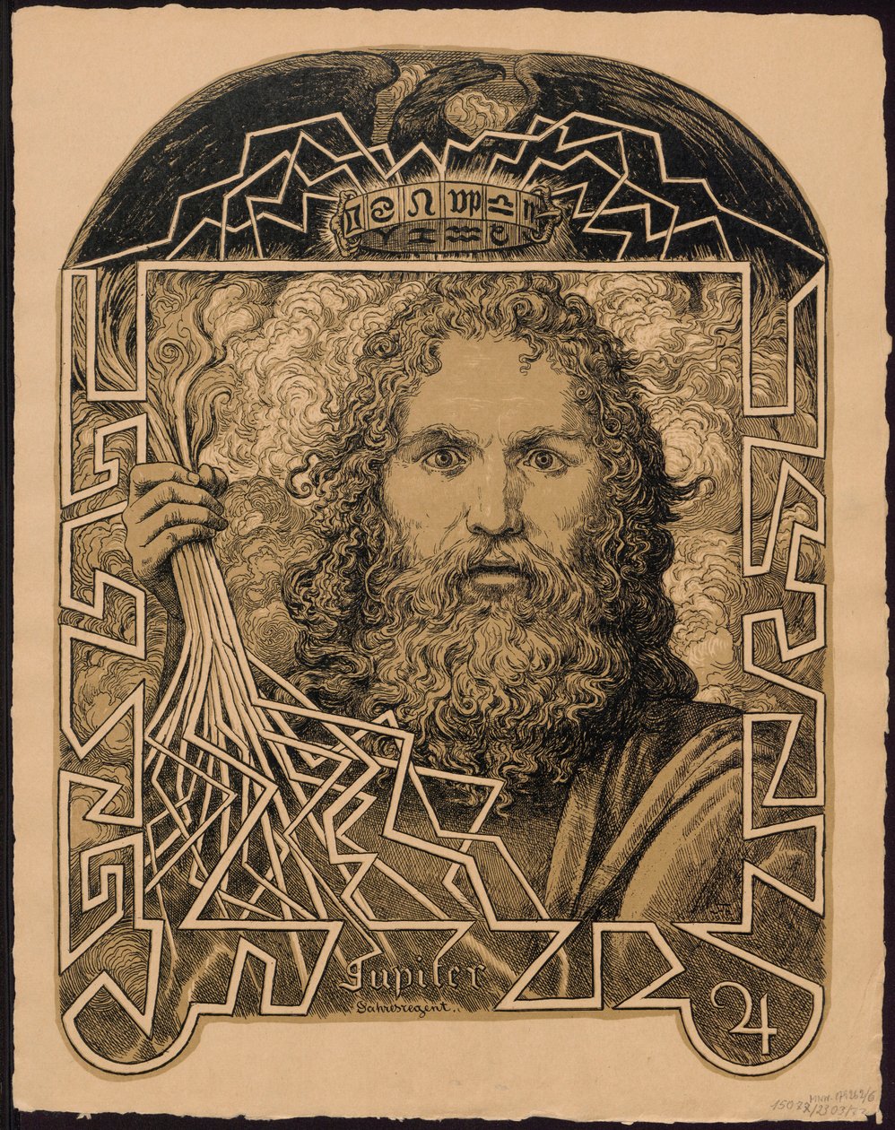 "Jupiter Jahrersregent". Jupiter jako władca roku. Projekty do "Wiecznego kalendarza w obrazach", cz. II (Immerwährender Bilderkalender) autorstwa Hans Thoma