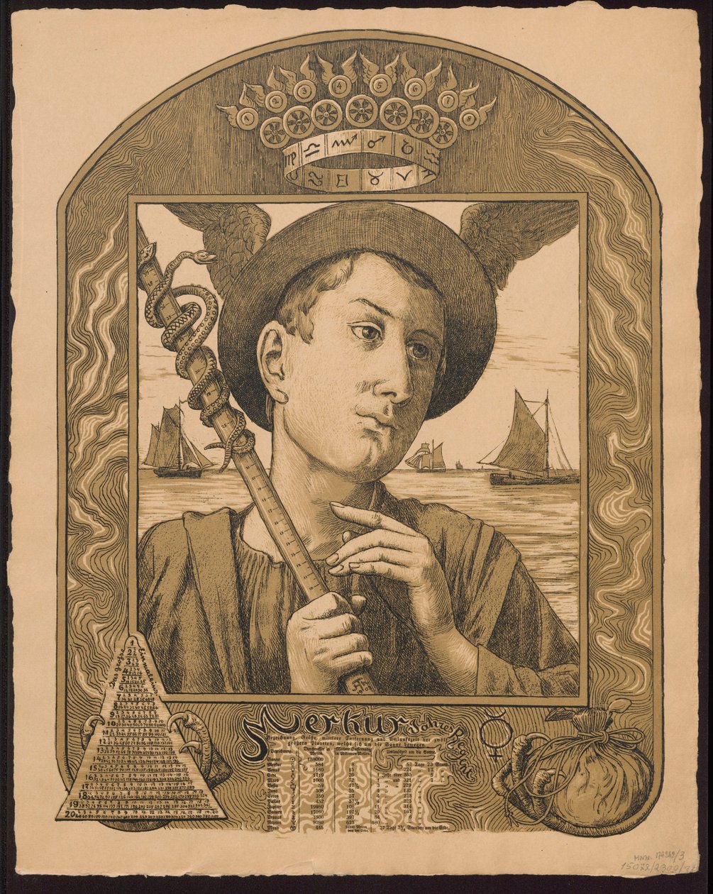 "Merkur Jahrers Regent". Merkury jako władca roku. Projekty do "Wiecznego kalendarza w obrazach", cz. II, 1901 (Immerwährender Bilderkalender) autorstwa Hans Thoma