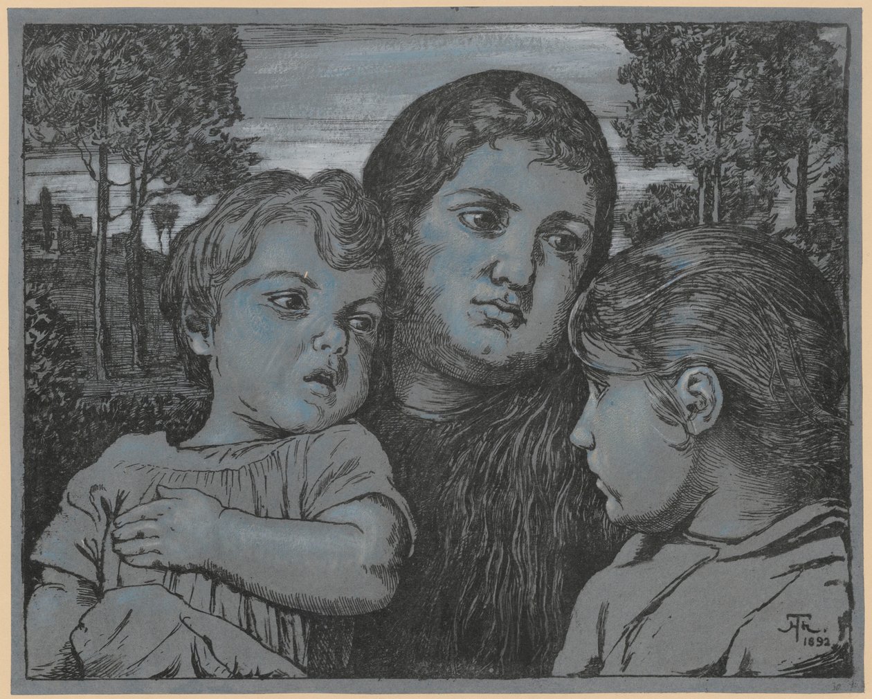 Portret żony artysty Celli z dwojgiem dzieci na tle pejzażu autorstwa Hans Thoma