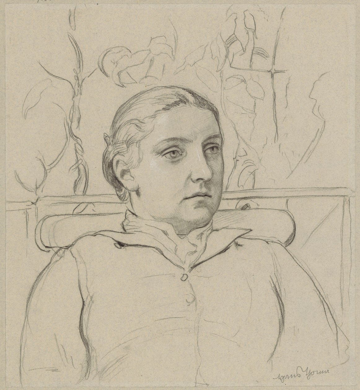 Portret żony artysty w popiersiu, siedzącej na ławce na tle zieleni autorstwa Hans Thoma