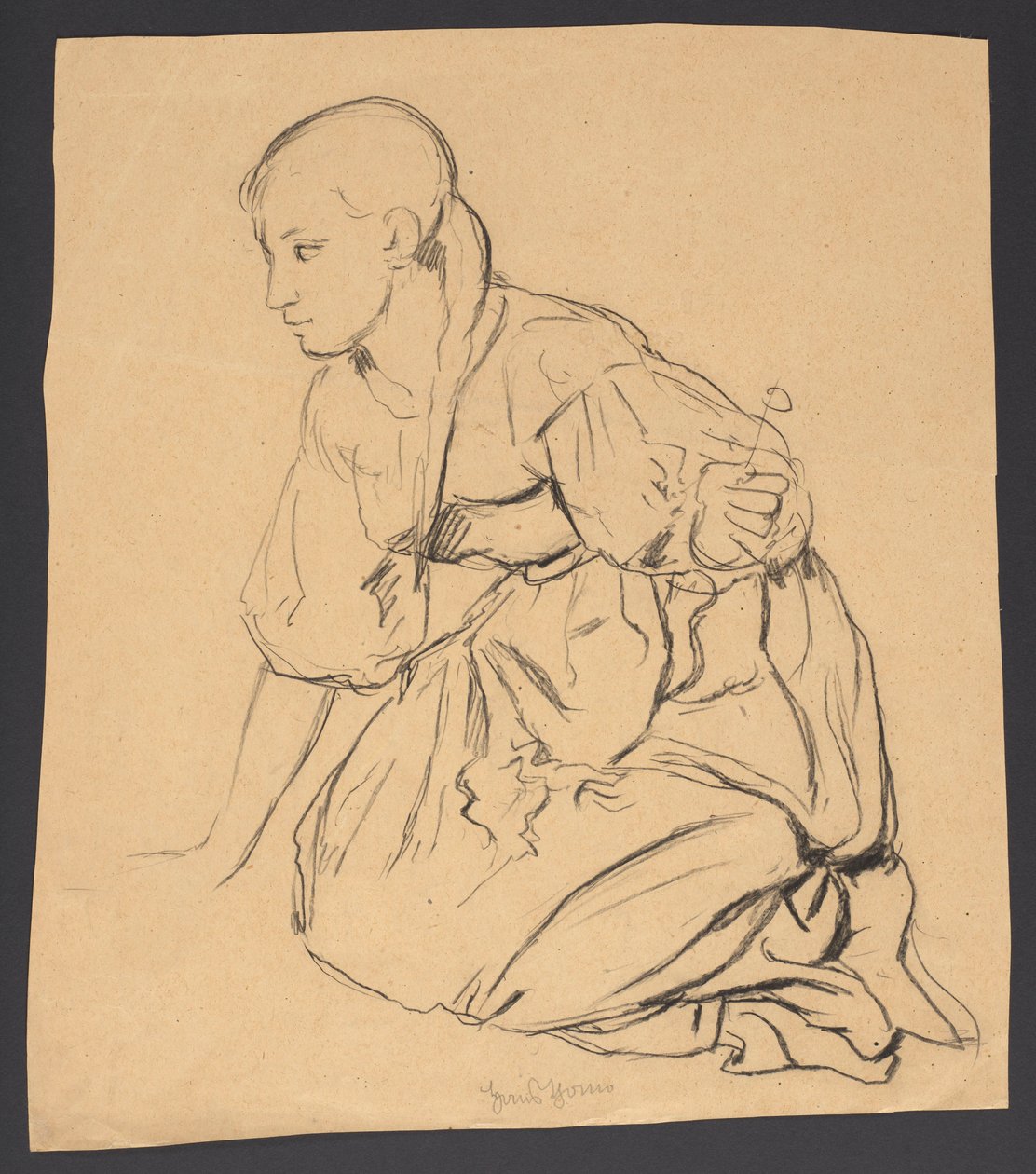Studie eines Mädchens, das auf einer Wiese kniet autorstwa Hans Thoma