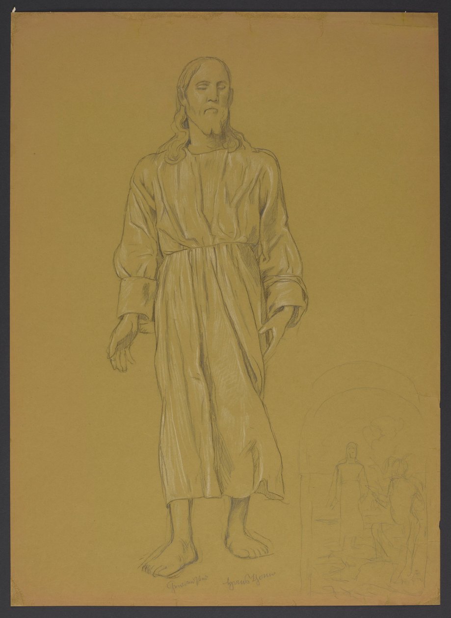 Studie der Gestalt Christi, daneben, unten, Skizze zum Gemälde "Taufe Christi" autorstwa Hans Thoma