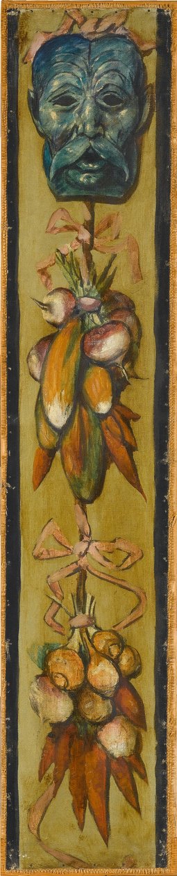 Wandfries aus dem Musiksaal des Hauses Pringsheim, München: Bärtige Maske mit Gemüsebündeln. Rechts von Inv.-Nr. 1917 autorstwa Hans Thoma