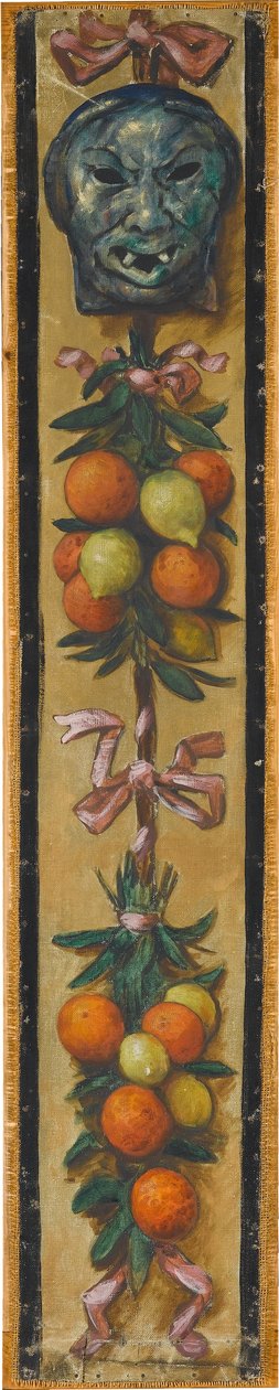 Wandfries aus dem Musiksaal des Hauses Pringsheim, München: Mongolische Maske mit Orangen und Zitronenbündeln autorstwa Hans Thoma