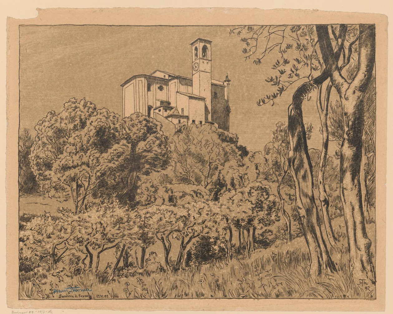 Widok kościoła św. Mikołaja Cudotwórcy na wzgórzu w Gardone Riviera nad Jeziorem Garda, Lombardia autorstwa Hans Thoma