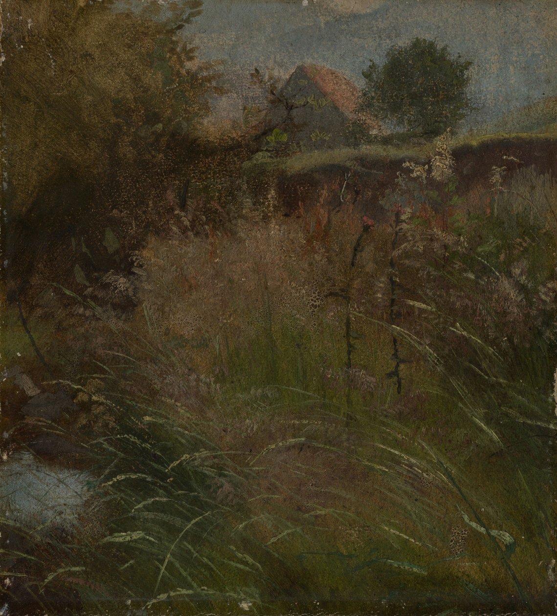 Łąka, w tle dom wiejski autorstwa Hans Thoma