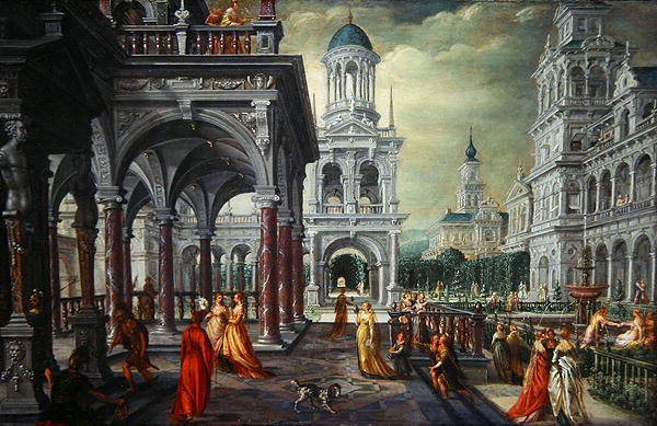 Batszeba i Dawid na tle architektonicznym (olej na dębie) autorstwa Hans Vredeman de Vries