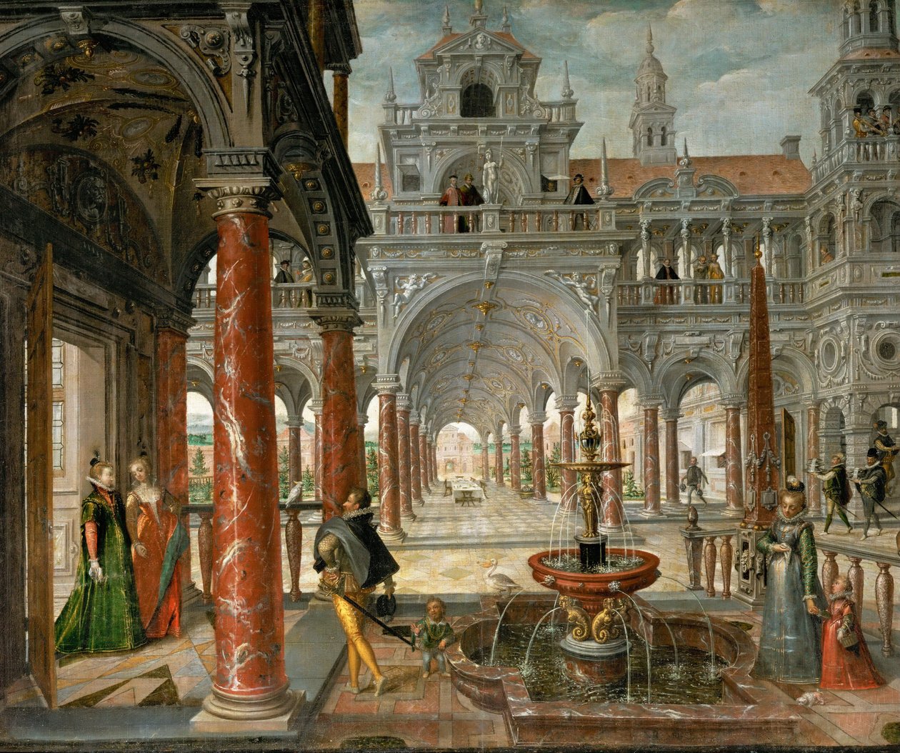Pałac z wybitnymi gośćmi - Pałac z wybitnymi gośćmi - Hans Vredeman de Vries (Jan de Vriese lub Friedman z Fryzji) (1526-1606). olej na płótnie, ok. 1596. Rozmiar: 137x164 cm. Muzeum Historii Sztuki, Wiedeń autorstwa Hans Vredeman de Vries
