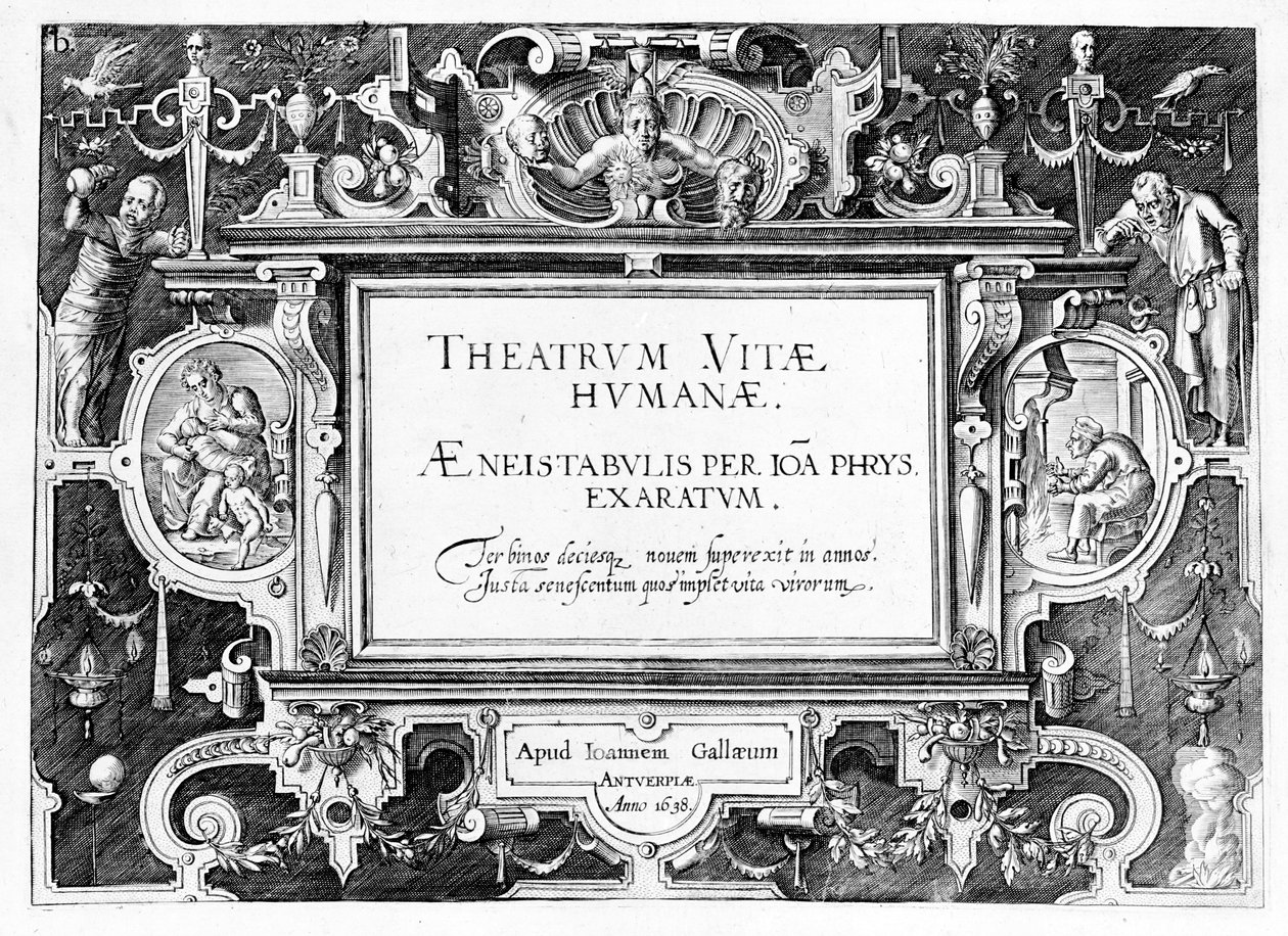 Strona tytułowa „Theatrum Vitae Humanae”, rytowana przez Johannesa Wierixa (1549-c.1618) ponownie wydrukowana w 1638 r. autorstwa Hans or Jan Vredeman de Vries