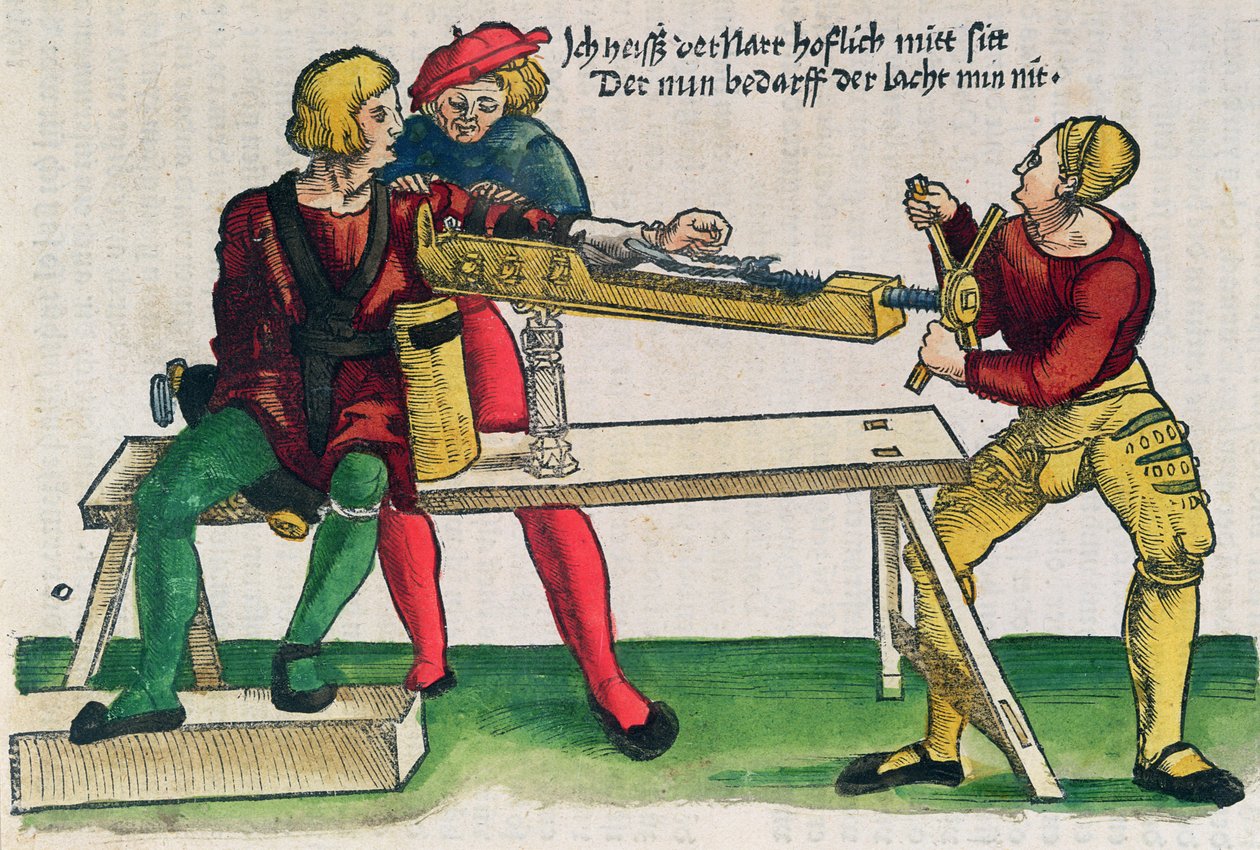 Aparat do leczenia złamań ramienia, ilustracja z „Feldtbuch der Wundartzney” Hansa von Gersdorffa, ok. 1540 (kolorowy drzeworyt) autorstwa Hans or Johannes Ulrich Wechtlin
