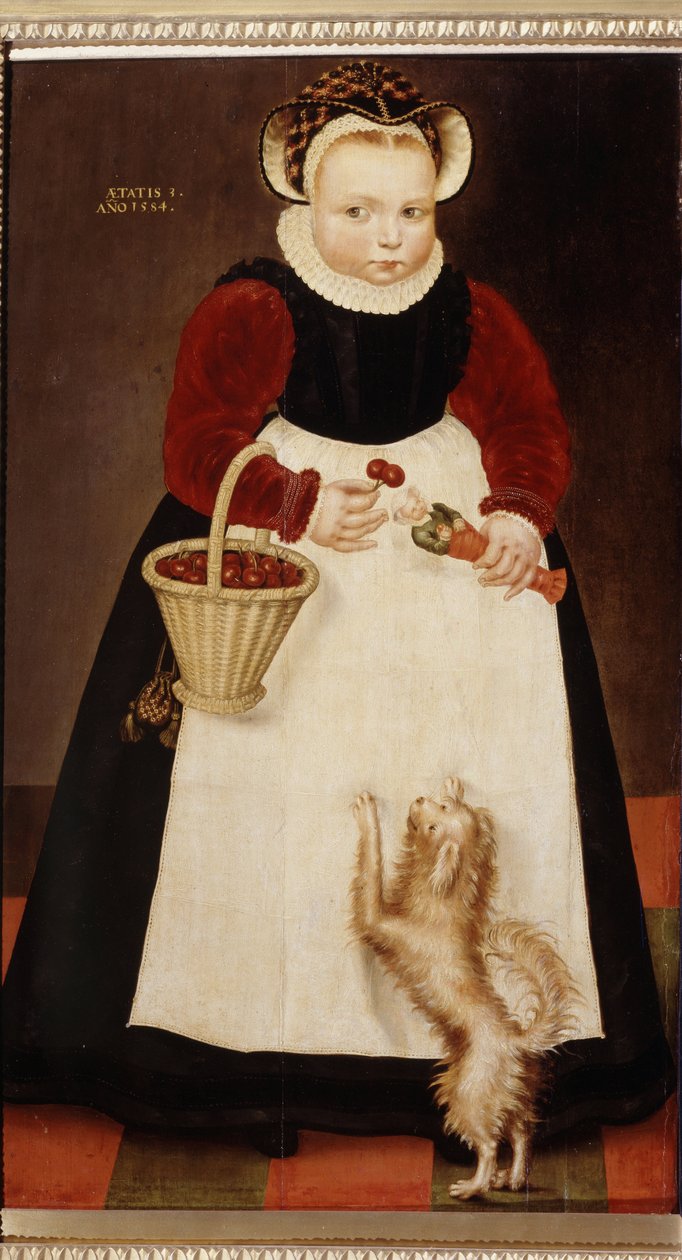 „Portret dziewczynki trzymającej kosz wiśni i małą lalkę”” (Portret dziewczynki) Nosi truskawkowy kołnierz Obraz Hansa Bocka Starszego (ok. 1550-1623) 1584 Muzeum Puszkina, Moskwa autorstwa Hans the Elder Bock