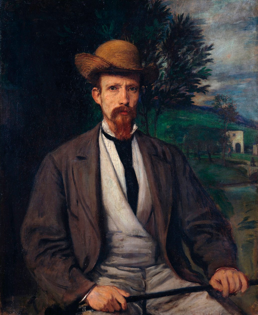 „Autoportret w żółtym kapeluszu” (Autoportret w żółtym kapeluszu) Obraz Hansa von Mareesa (1837-1887) wym. 97x80 cm Olej na płótnie 1874 Staatliche Museen, Berlin autorstwa Hans von Marées