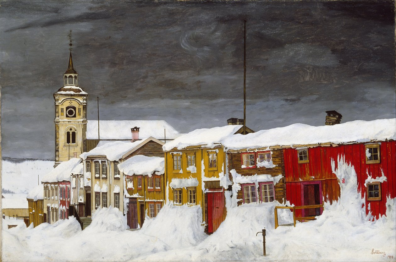 Ulica w Røros zimą autorstwa Harald Sohlberg