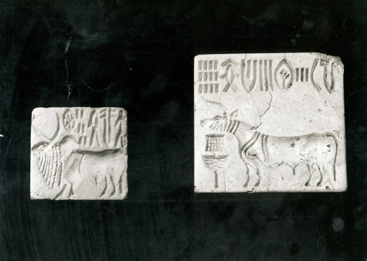 Dwie zdobione pieczęcie przedstawiające zebu i byka, z Mohenjodaro, Protohistoric autorstwa Harappan