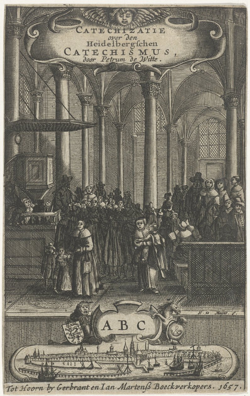 Wnętrze kościoła Strona tytułowa dla: P. de Witte, Katechizacja o katechizmie Heidelbergschen, 1657 autorstwa Harmen de Mayer