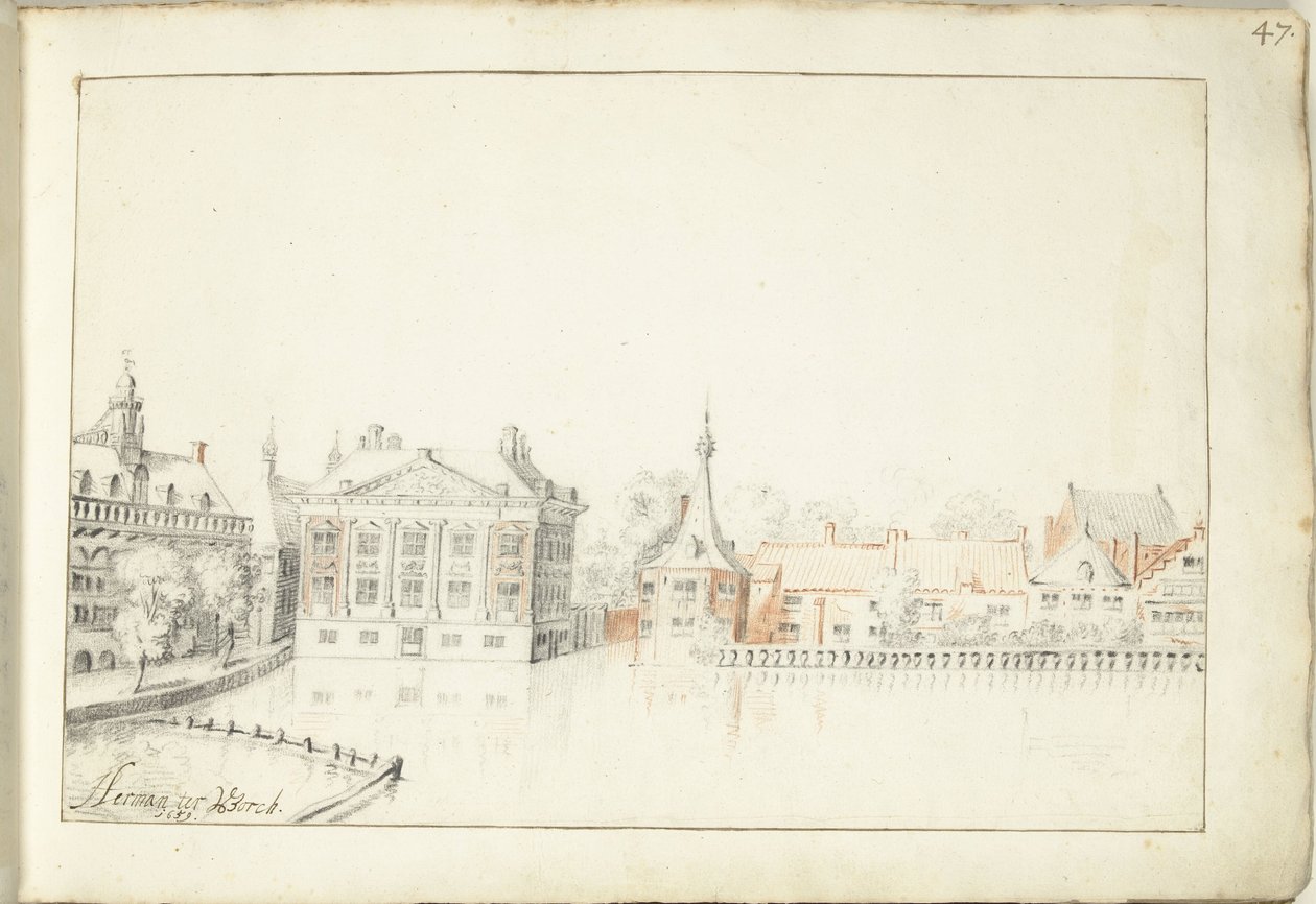 Widok budynków na Hofvijver, Haga autorstwa Harmen ter Borch (signed by artist)