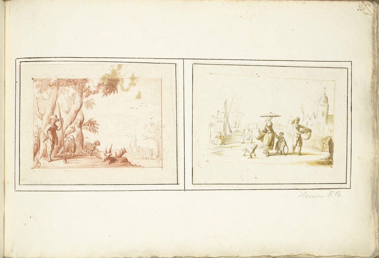 Pasterz ze swoim bydłem i sceną uliczną autorstwa Harmen ter Borch (signed by artist)