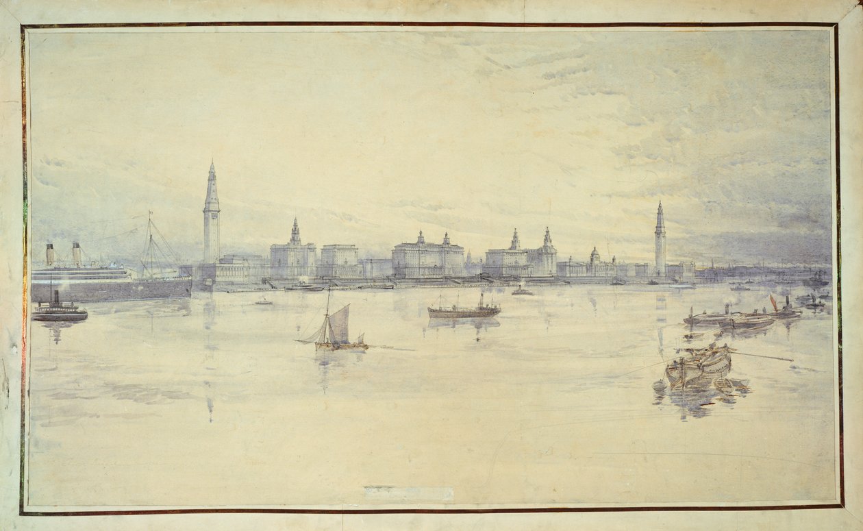 Projekt dla Liverpool Waterfront (pióro i atrament oraz toaleta na papierze) autorstwa Harold Chalton Bradshaw