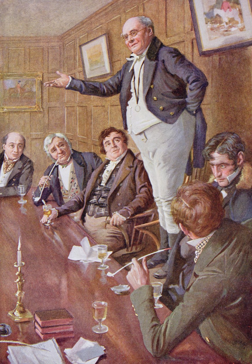 Mr Pickwick Addresses the Club, ilustracja do „Character Sketches from Dickens” opracowanej przez B.W. Matz, 1924 autorstwa Harold Copping