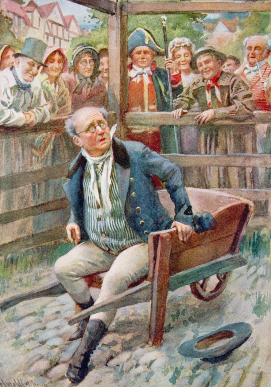 Mr Pickwick in the Pound, ilustracja do „Character Sketches from Dickens” opracowanej przez B.W. Matz, 1924 autorstwa Harold Copping