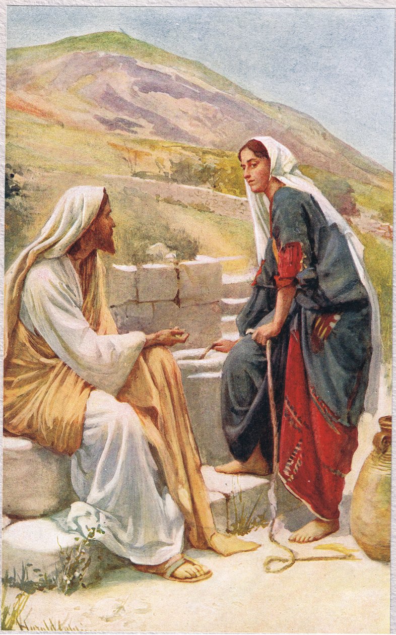 Kobieta z Samarii, ilustracja z książki „Kobiety Biblii”, wydanej przez The Religious Tract Society, 1927 autorstwa Harold Copping
