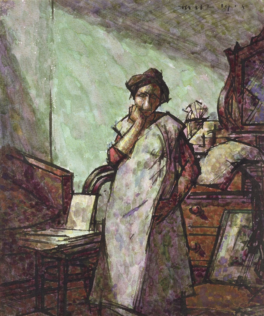 Wnętrze z panią Mounter w kombinezonie, 1 grudnia 1918 (pióro, czarny tusz i akwarela) autorstwa Harold Gilman
