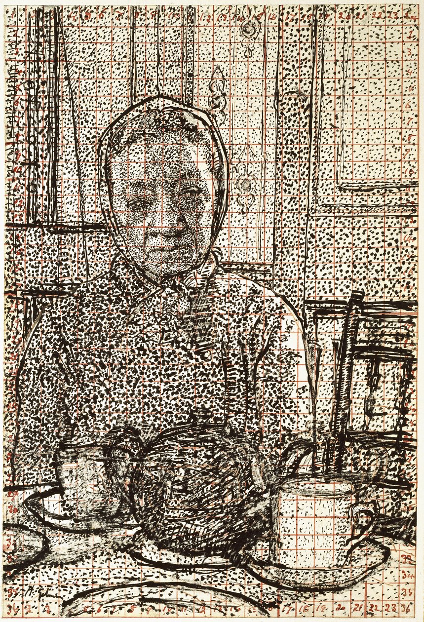 Pani Mounter przy śniadaniowym stole, 1916 - 1917 (pióro i czarny tusz, częściowo porysowane, kwadraty czerwonym tuszem) autorstwa Harold Gilman