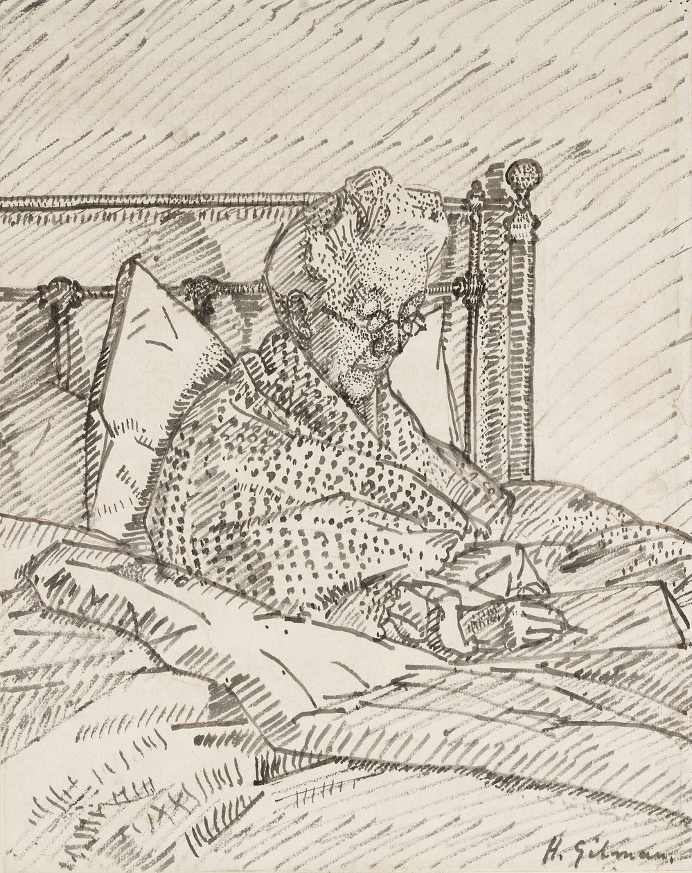 Portret Matki Artysty piszącej w łóżku (pióro trzcinowe i szary tusz, oznaczenia czerwoną kredą) autorstwa Harold Gilman