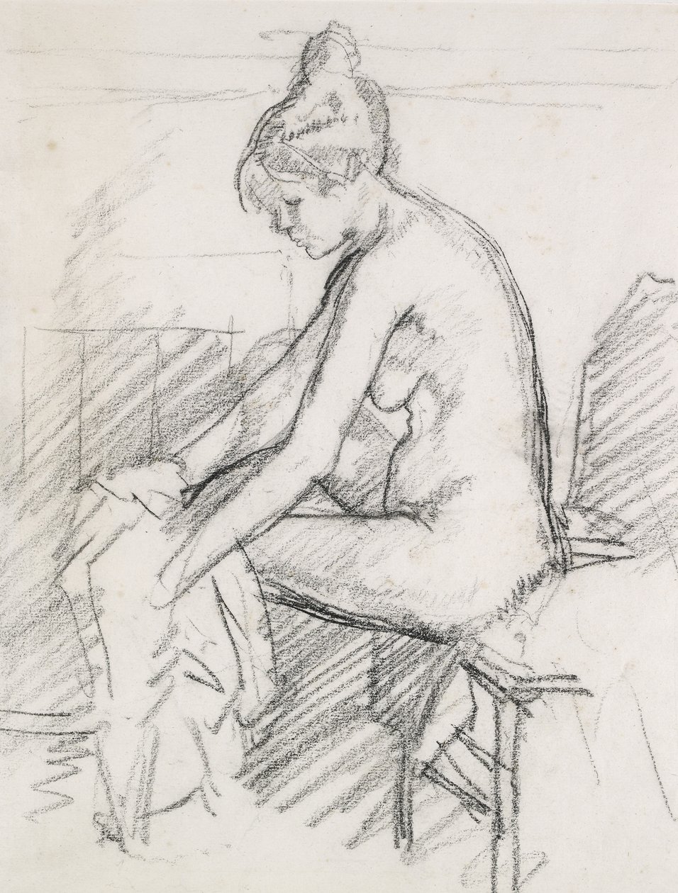 Studium nagiej kobiety, siedzącej, suszącej prawą stopę (węgiel drzewny) autorstwa Harold Gilman