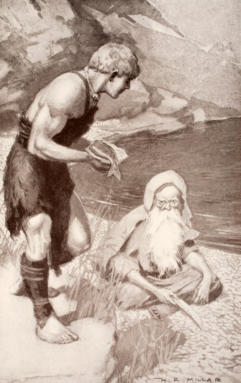 Finn znajduje Łososia Wiedzy, ilustracja z „Celtic Myth and Legend” Charlesa Squire