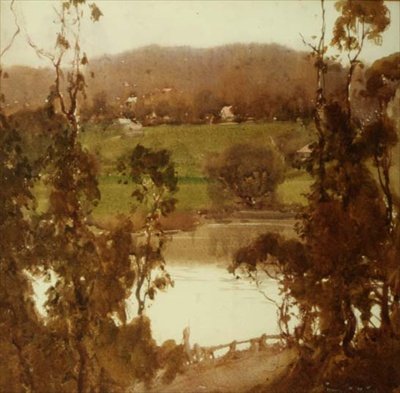 Na rzece Yarra w pobliżu Melbourne (akwarela) autorstwa Harold Brocklebank Herbert