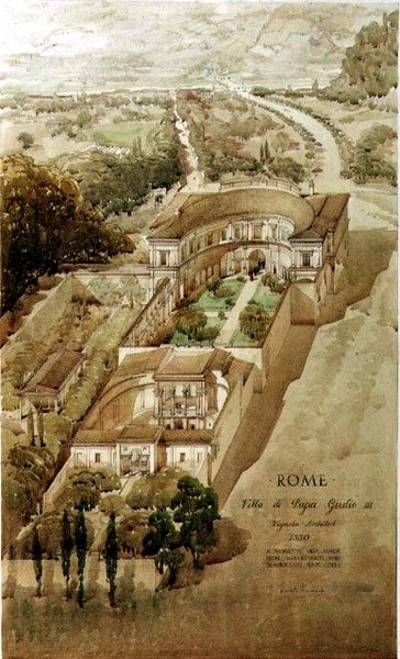 Perspektywiczny widok na Villa di Papa Giulio w Rzymie autorstwa Harold Chalton Bradshaw