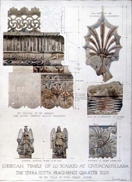 Studia fragmentów z etruskiej świątyni Lo Scasato w Civitacastellana oraz z Villa di Papa Giulio w Rzymie, ok. 1910 (pióro i atrament oraz akwarela na papierze) autorstwa Harold Chalton Bradshaw