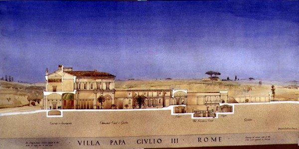Widok na kolumnadowy dziedziniec i ogród w Villa di Papa Giulio w Rzymie autorstwa Harold Chalton Bradshaw