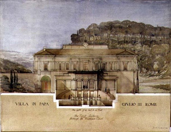 Widok na przekrój przez dziedziniec fontanny Villa di Papa Giulio w Rzymie autorstwa Harold Chalton Bradshaw
