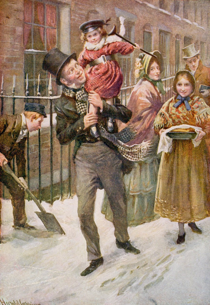 Bob Cratchit i Tiny Tim, ilustracja do „Character Sketches from Dickens” opracowanej przez B.W. Matz autorstwa Harold Copping