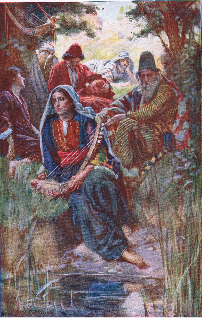 Nad rzekami Babilonu, ilustracja z serii „Obrazki, które uczą korony”, 1920 autorstwa Harold Copping