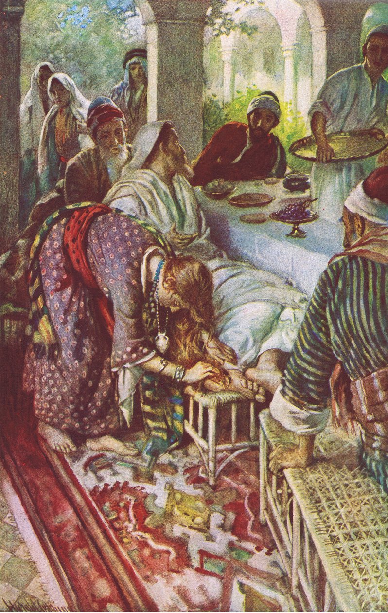 Chrystus w domu faryzeusza, ilustracja z Harold Copping Pictures: The Crown Series, ok. 1920 (kolor lito) autorstwa Harold Copping