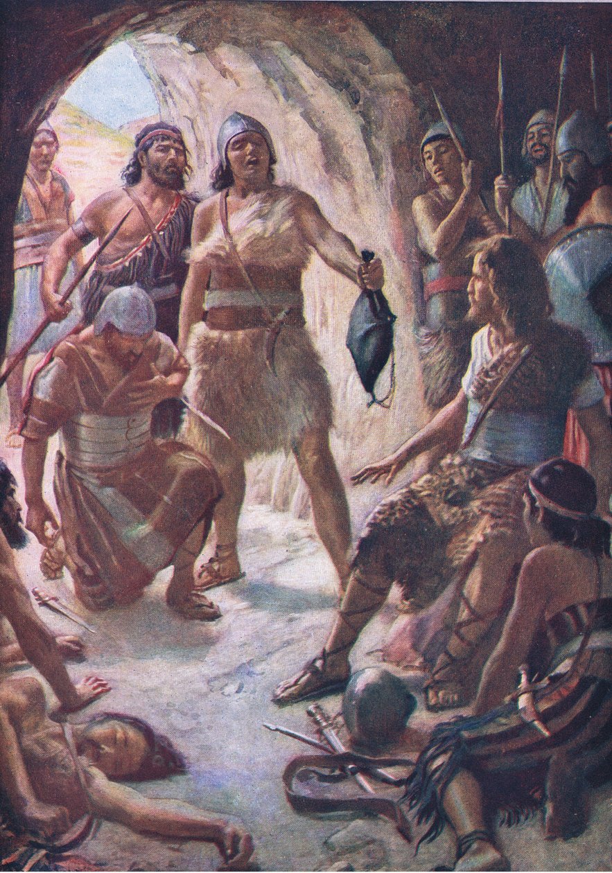 Davids trzej potężni ludzie, ilustracja z serialu „Obrazki, które uczą koronę”, 1920 autorstwa Harold Copping